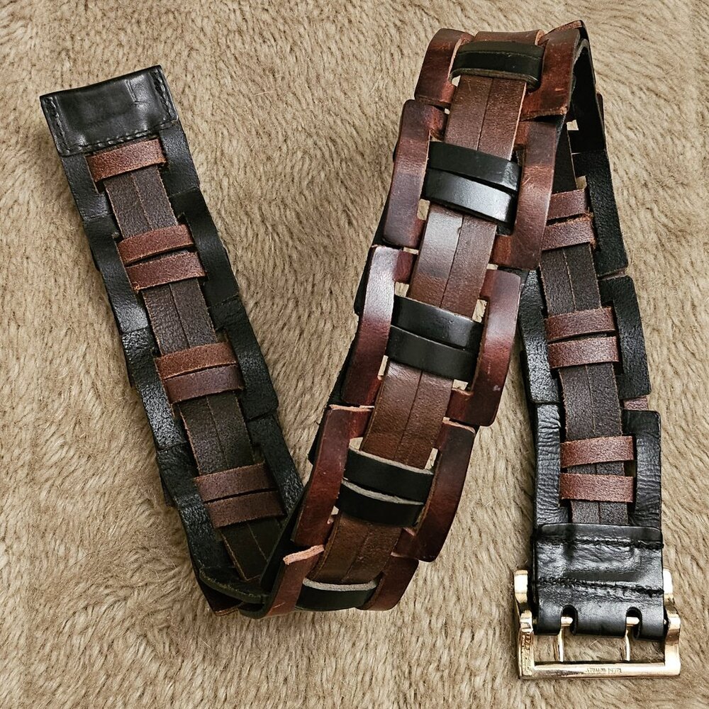 $495 D Squared woven leather double prong brown belt - Picture 7 of 13